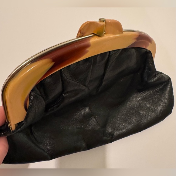 Vintage Black Leather Clutch with Bakelite Handle